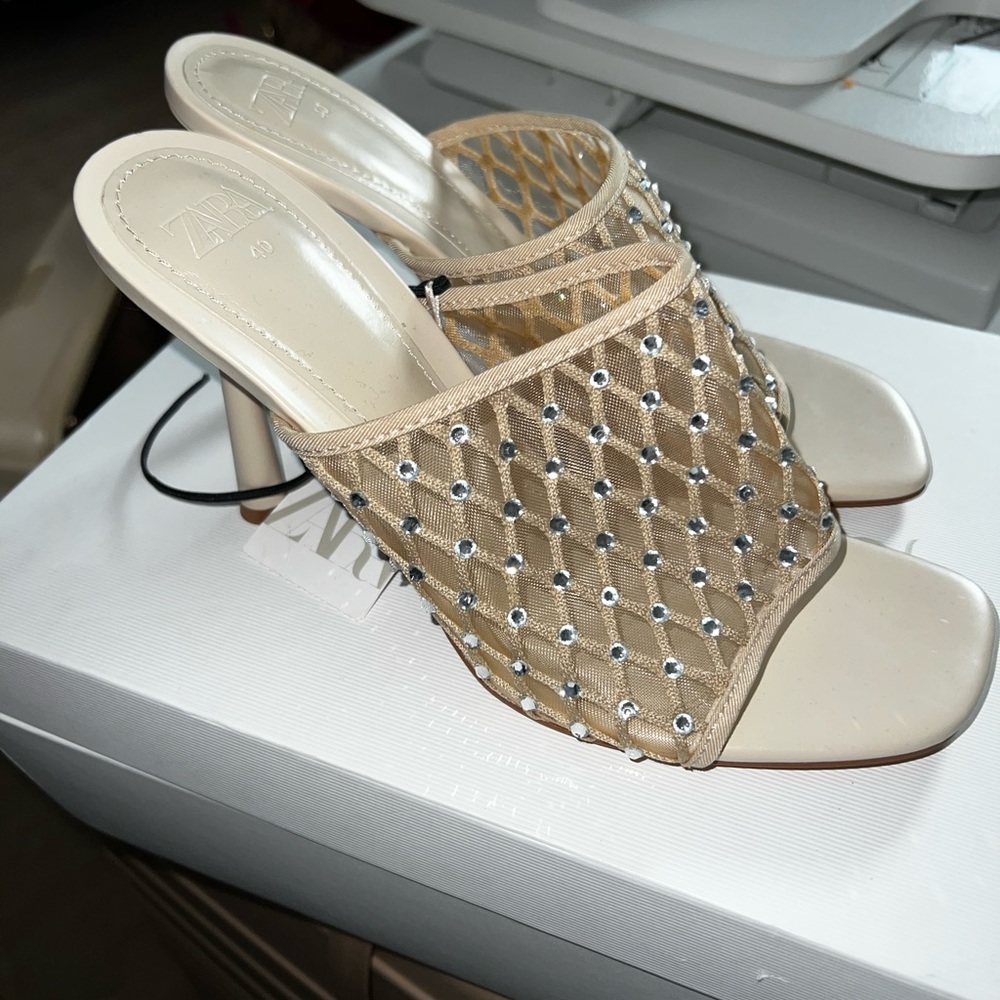 Zara Mesh Embellished Nude Mule Sandal Heel